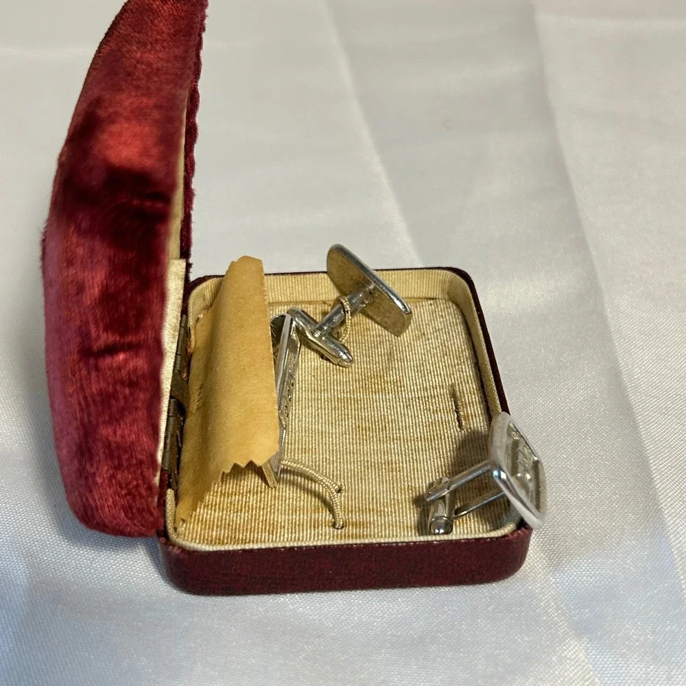 Topflight Silver Tone Mens Cufflinks‎ and Tie Clip Set Sparkle Stones Vintage